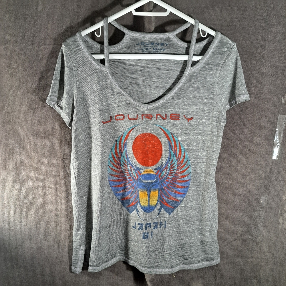 Lucky Brand Journey Japan 81 Grey Cut Out Neckline Graphic Band Tee VG+ S